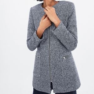 NWT ZARA Navy Blue Herringbone Zip-Up Frock Coat XS